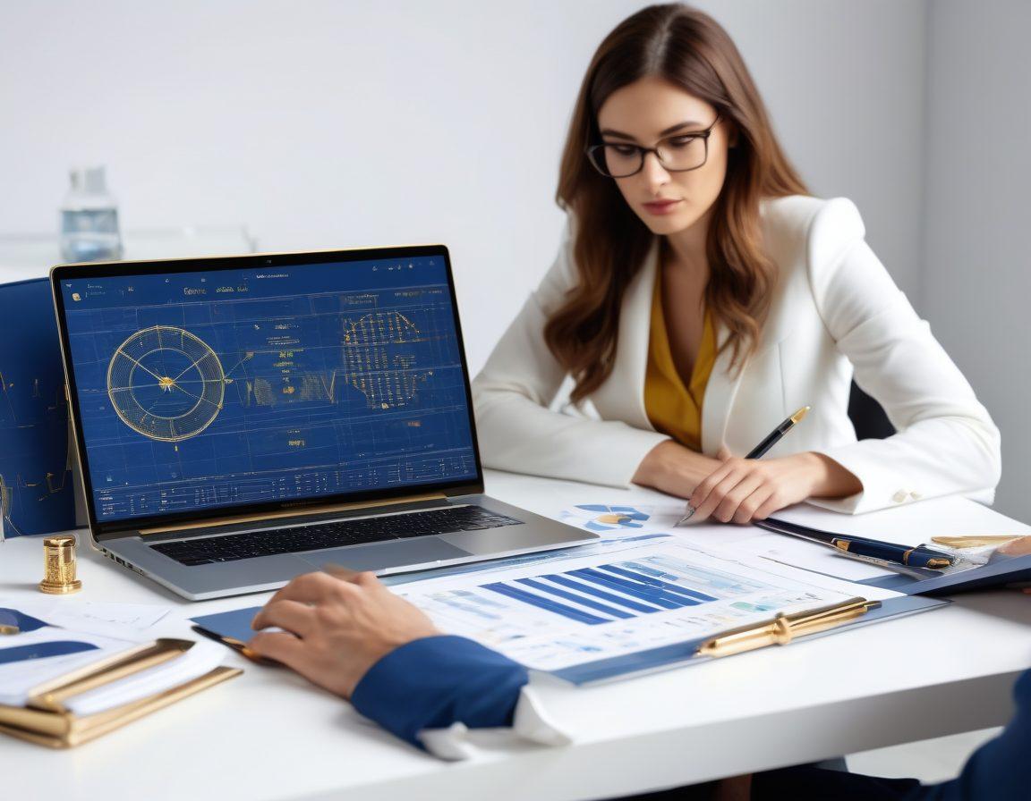 A stylish, professional consultant sitting with a client at a sleek modern office table, discussing financial charts on a laptop. The background features subtle zodiac Scorpio symbols blended into the decor, symbolizing personalized services. The color palette is sophisticated with elegant shades of blue and gold. super-realistic. vibrant colors. white background.