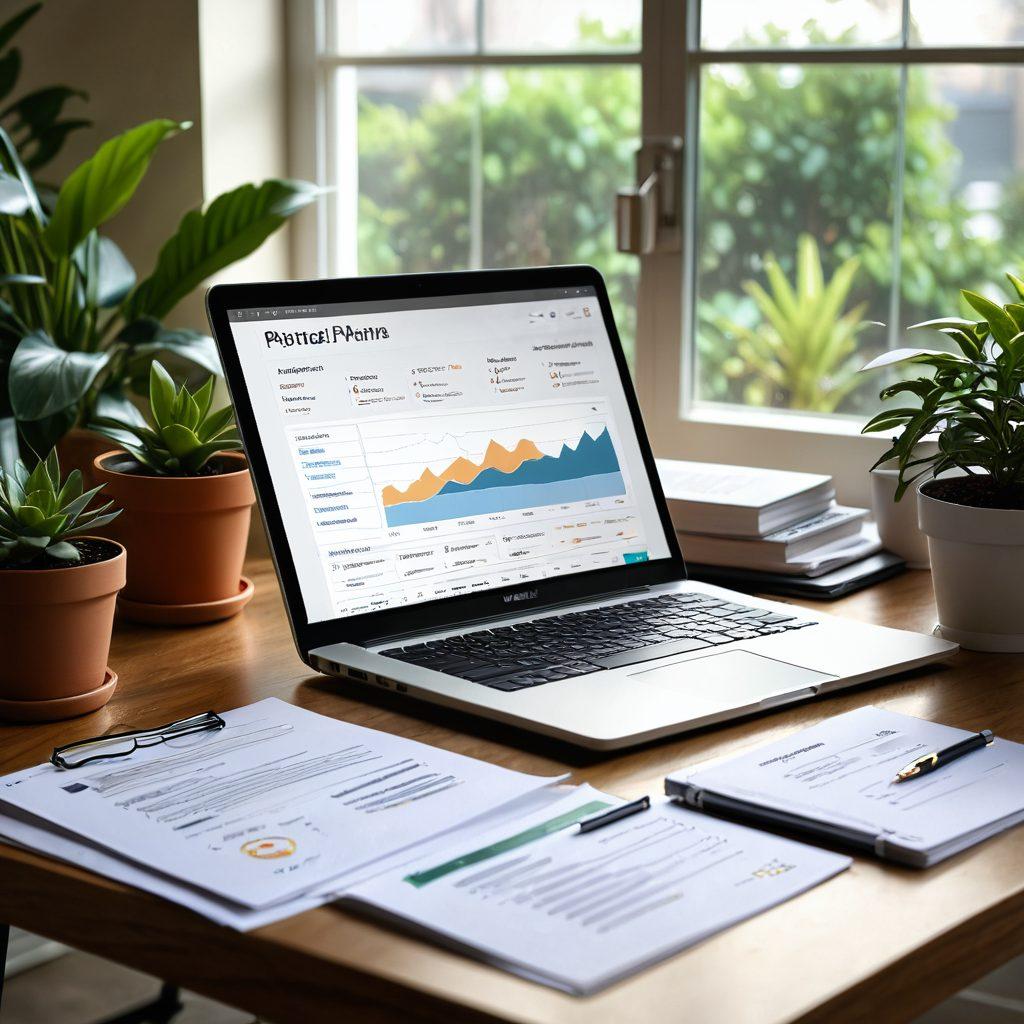A meticulously organized desk with a sleek laptop displaying a financial dashboard, elegant stationery, and documents labeled 'Portfolio Management' and 'Estate Planning'. Surrounding the desk are calming nature elements like potted plants and sunlight streaming through a window, conveying a sense of trust and comprehensive solutions. super-realistic. vibrant colors.